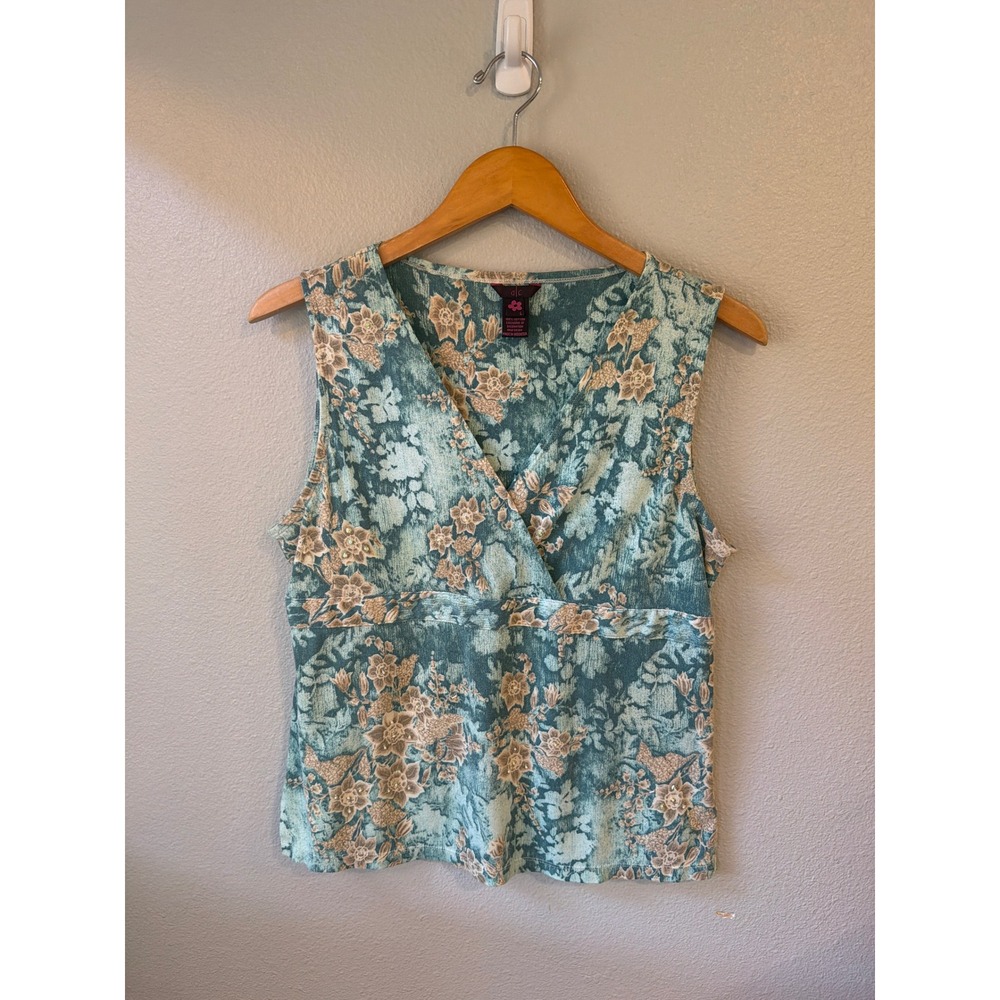 Sleeveless Tank Women Large‎ Teal Floral Rhinestone V-Neck Cotton Fairycore